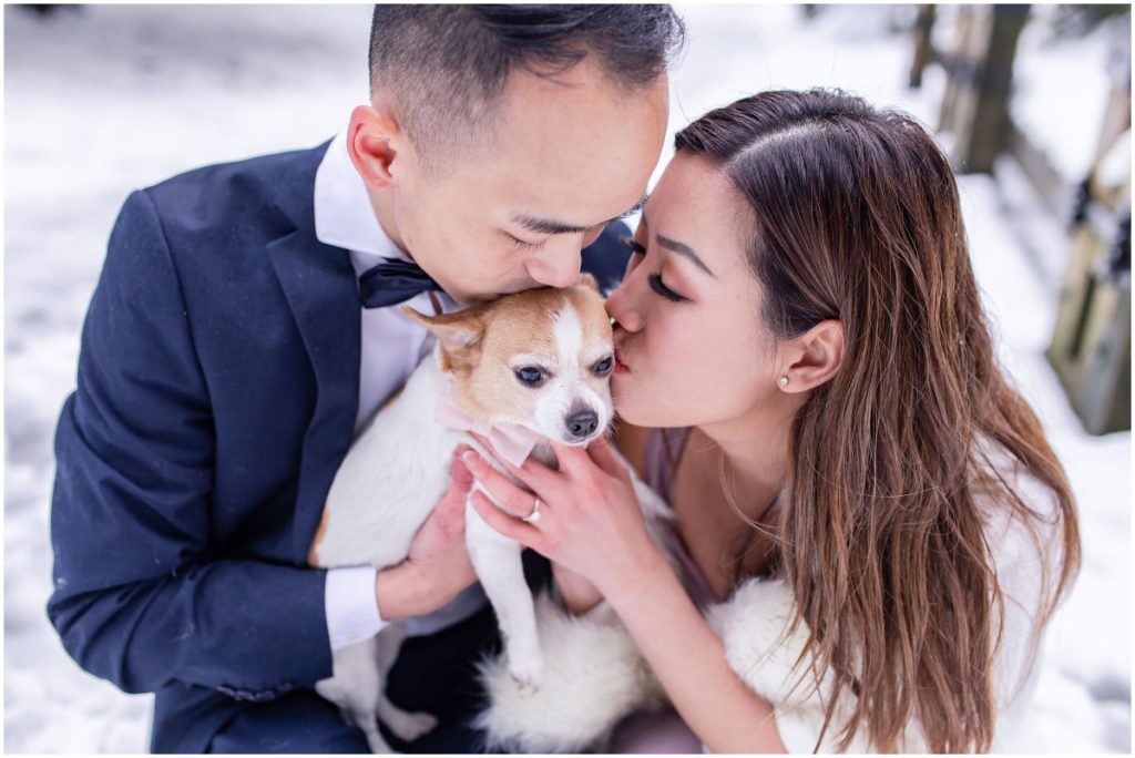 Vancouver Snowy Winter Engagement Photos with dog