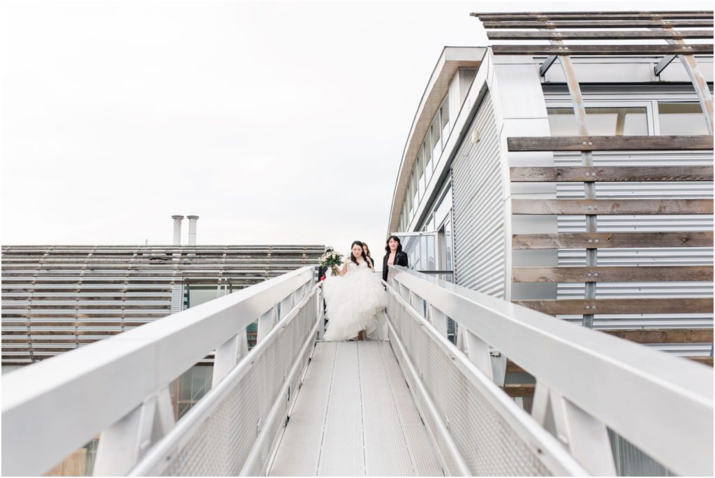 Elegant UBC Boathouse Winter Wedding Bride Walking to First Look