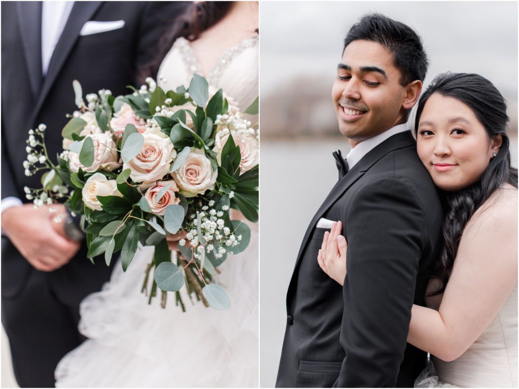 Elegant UBC Boathouse Winter Wedding Bride and Groom Portrait after First Look in December by Vivian Ng Photography