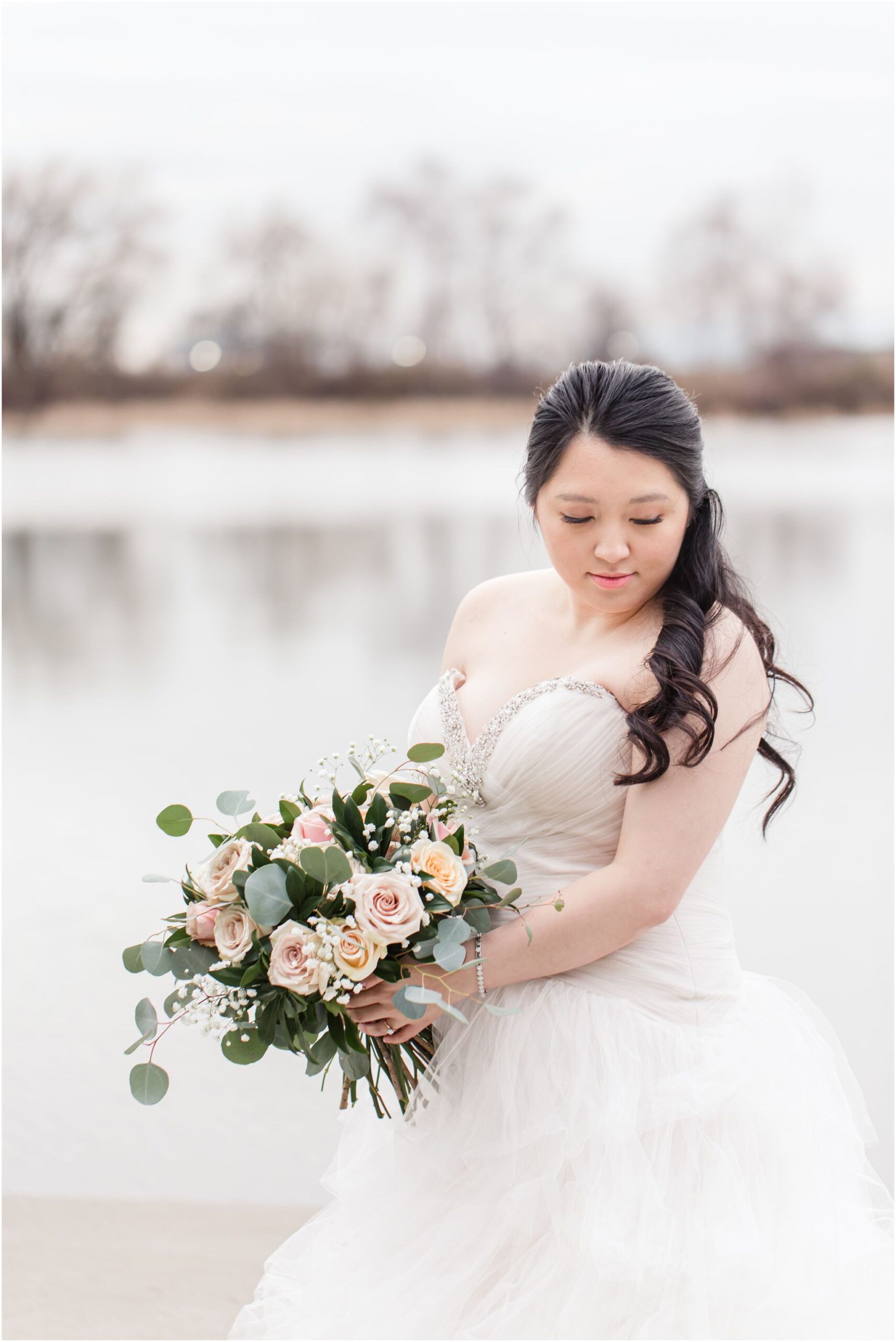 Elegant UBC Boathouse Winter Wedding Bridal Portrait with Blush Rose Bouquet in December by Vivian Ng Photography