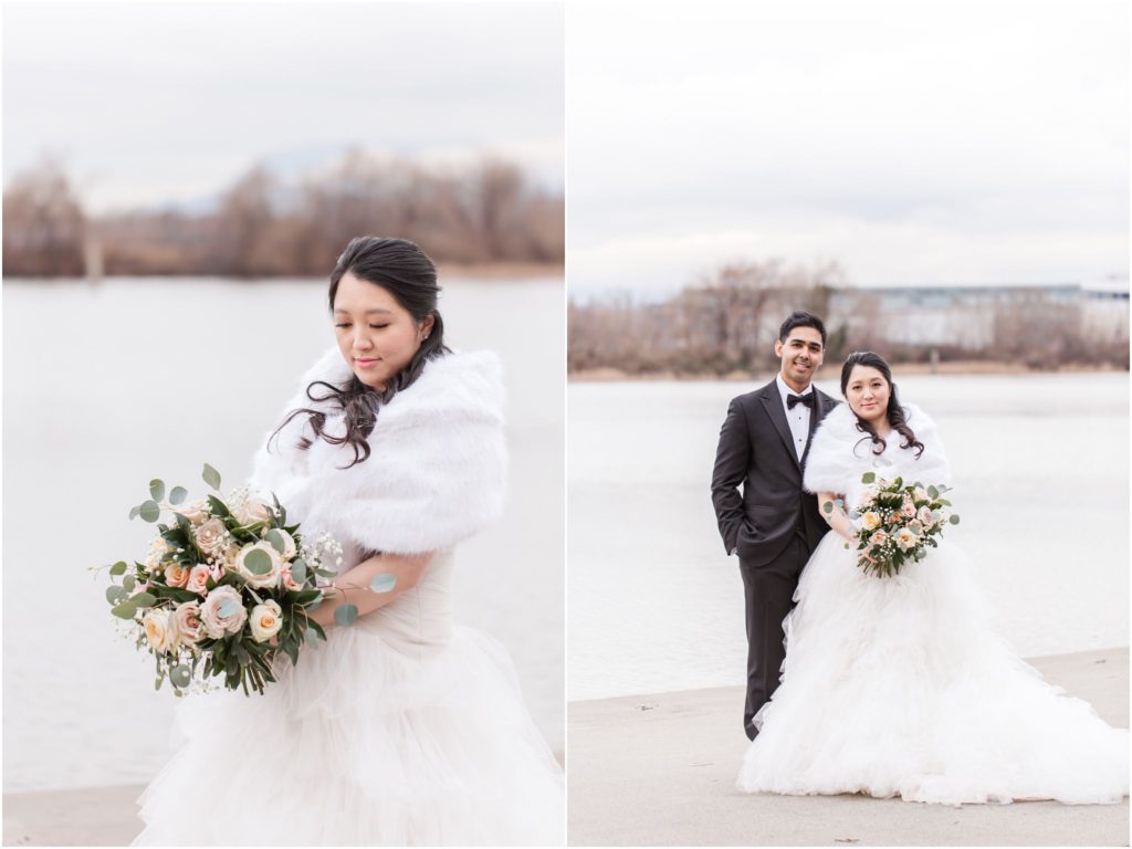 Elegant UBC Boathouse Winter Wedding Bridal Portrait with Blush Rose Bouquet Bride and Groom Portrait in December by Vivian Ng Photography