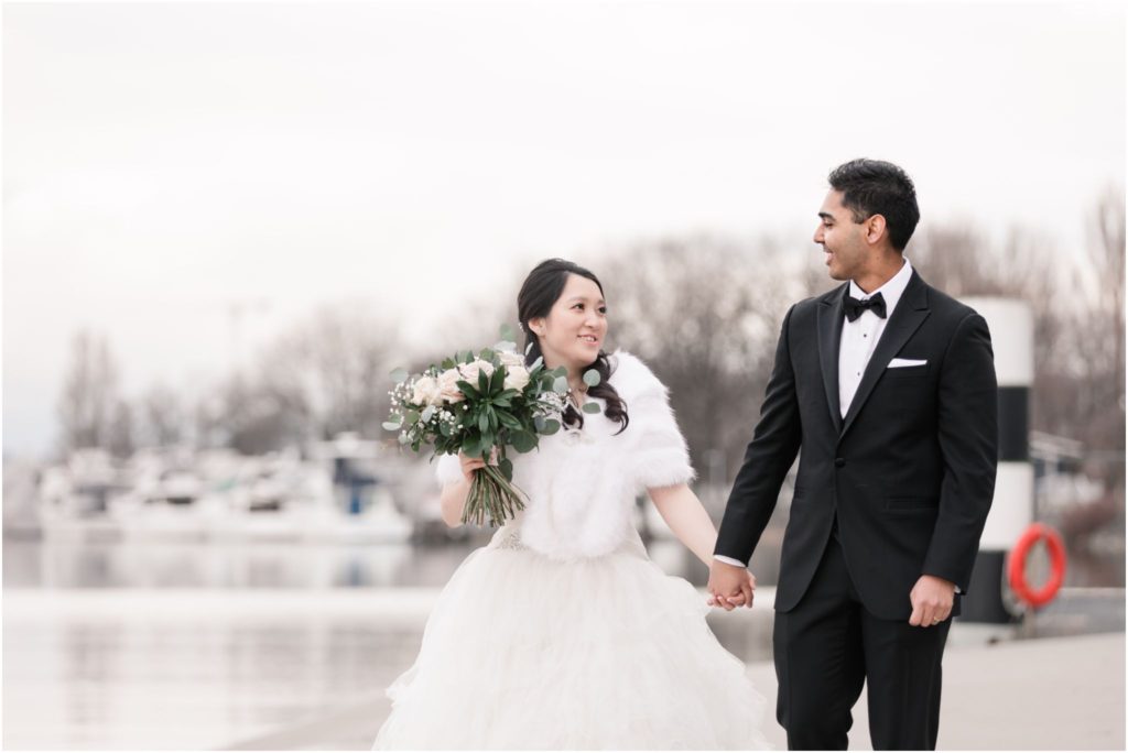 Elegant UBC Boathouse Winter Wedding Couples Bride and Groom Portrait in December by Vivian Ng Photography