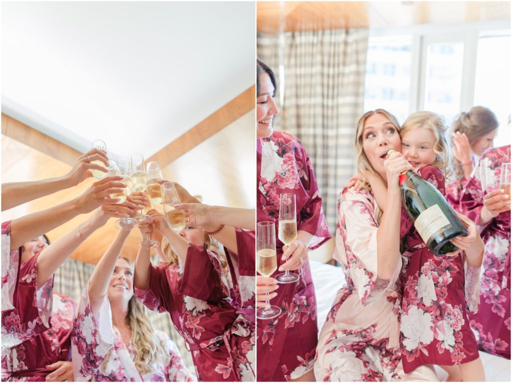 Fairmont Pacific Rim, bride and bridesmaids popping champagne
