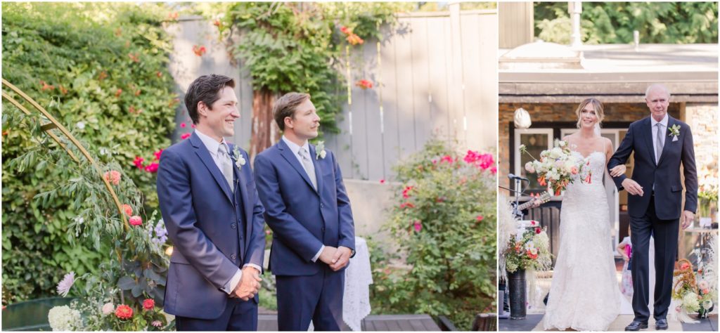 Vancouver Backyard Wedding, Vancouver Garden Wedding, bride with father walking down the aisle, groom smiling at bride
