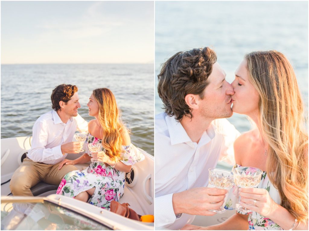 West Vancouver Engagement Photos of couple sharing champagne on the sea