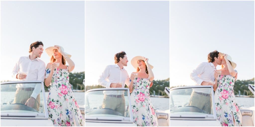 romantic boat engagement photos of couple in love