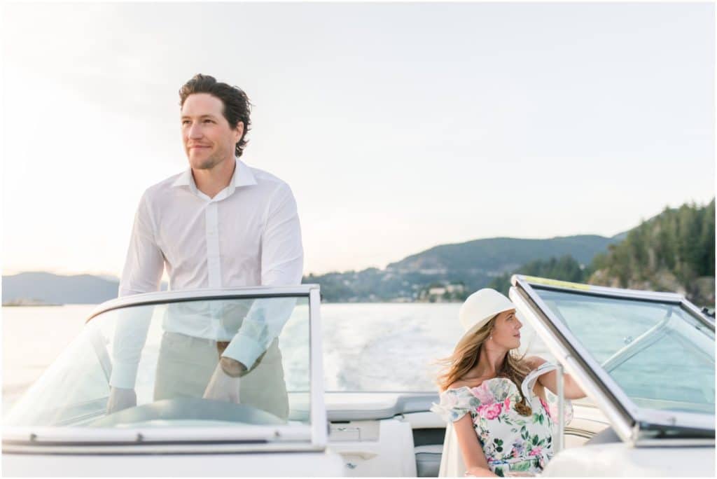 West Vancouver Engagement Photographer photos of couple on boat at sunset