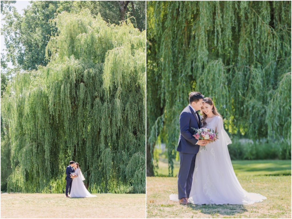 Bride and Groom under the willow tree with Vivian Ng Photography, Vancouver Wedding Photography