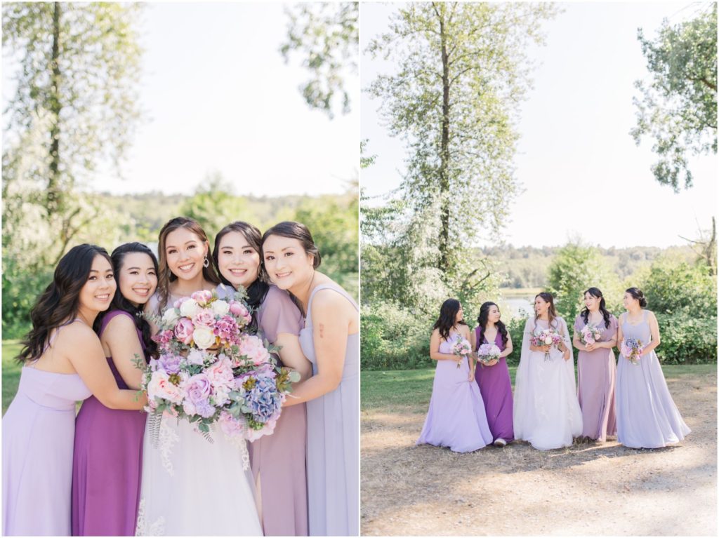 Vancouver Wedding, Bride and Bridesmaids at Deer Lake Burnaby, bridesmaid dresses from Azazie
