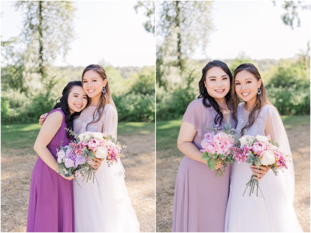 Bride and Bridesmaids at Deer Lake Burnaby, bridesmaid dresses from Azazie