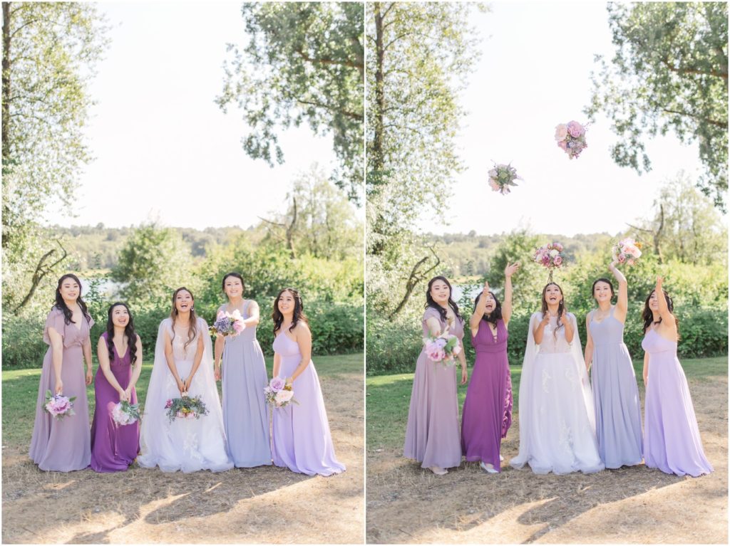 Bride and Bridesmaids at Deer Lake Burnaby, bridesmaid dresses from Azazie