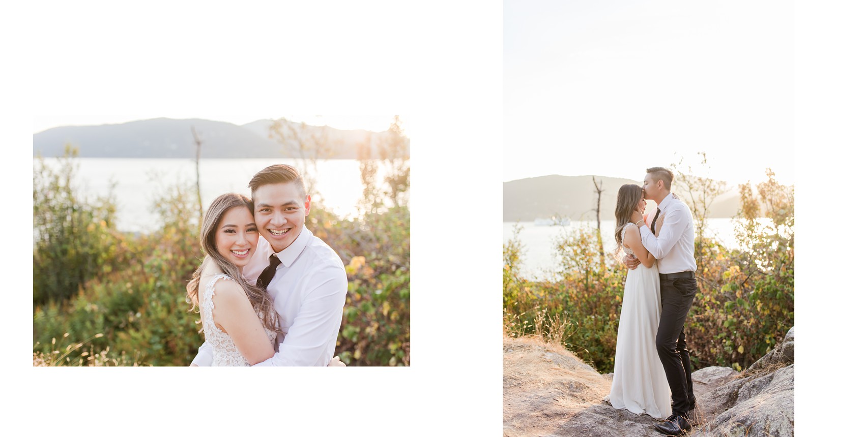 West Vancouver Whytecliff Engagement photos - couple smiling at the camera together then going in for a forehead kiss