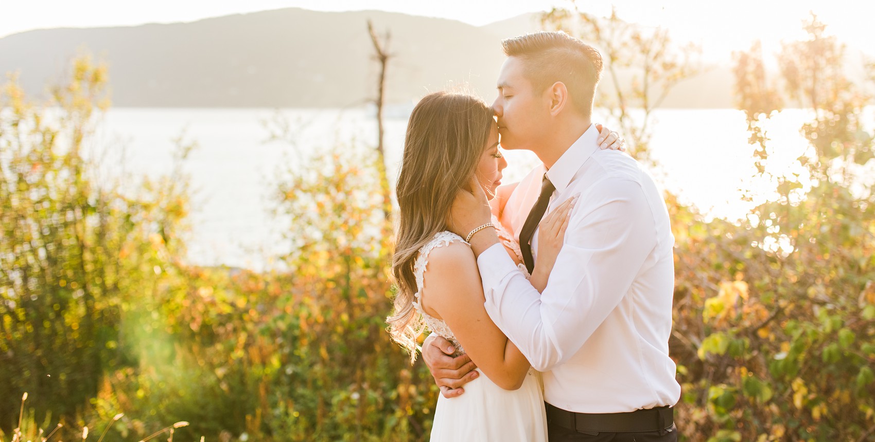 West Vancouver Whytecliff Engagement photos forehead kiss in sunset light
