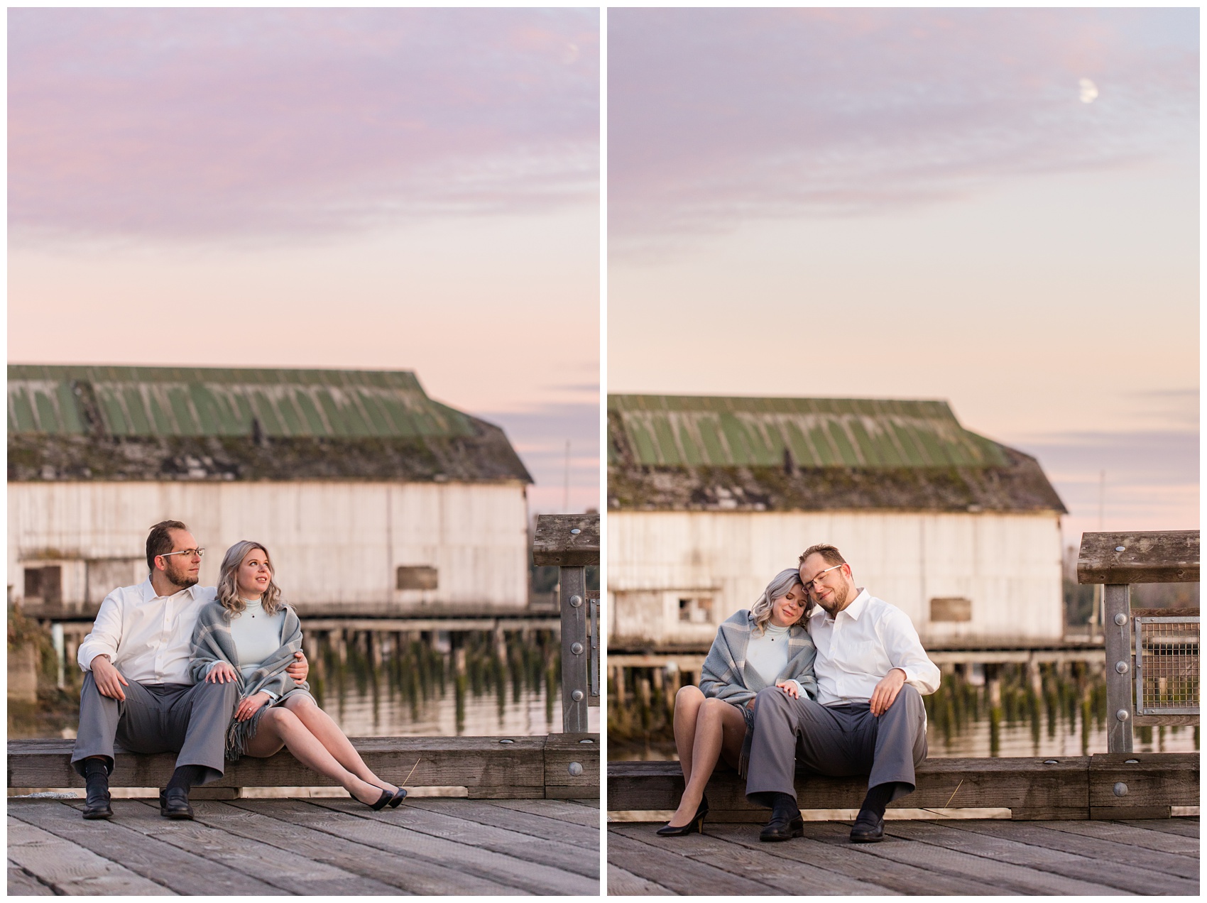 Britannia Shipyard Engagement Photos, couple sitting and admiring the moon, couple sitting and enjoying each other's company