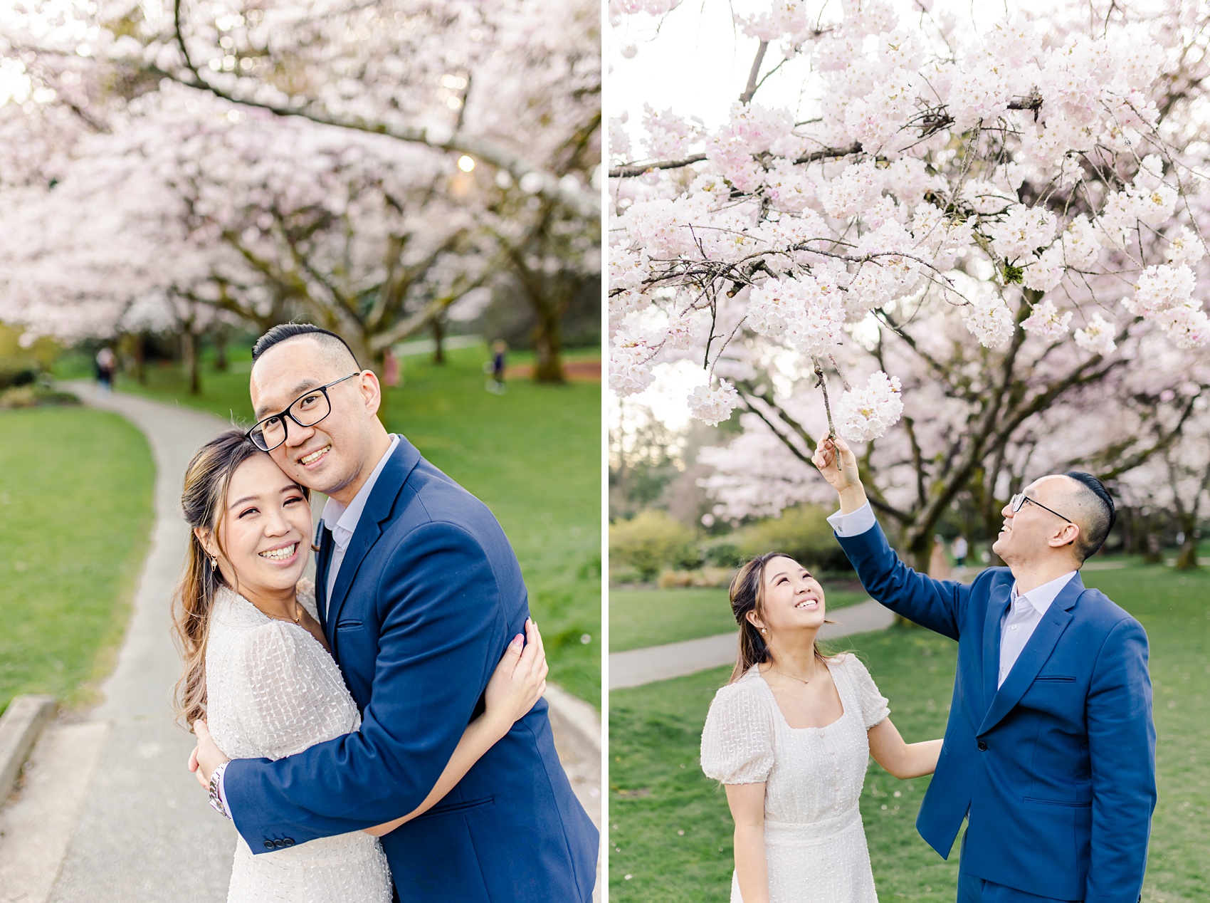 Stanley Park Cherry Blossoms engagement photo with couple admiring the cherry blossoms