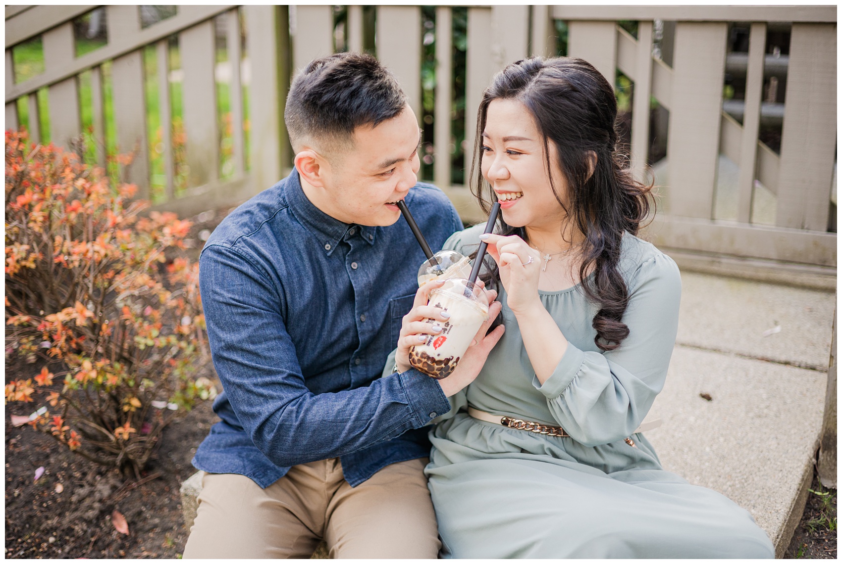 Cherry Blossoms Engagement in Richmond, BC, with Xing Fu Tang bubble tea